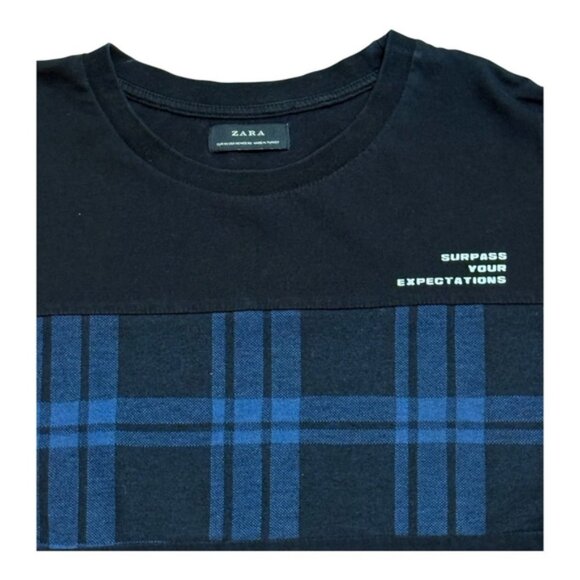 Zara Shirt Mens Medium Black Blue Plaid Surpass Your Expectations Short Sleeve - Picture 2 of 8